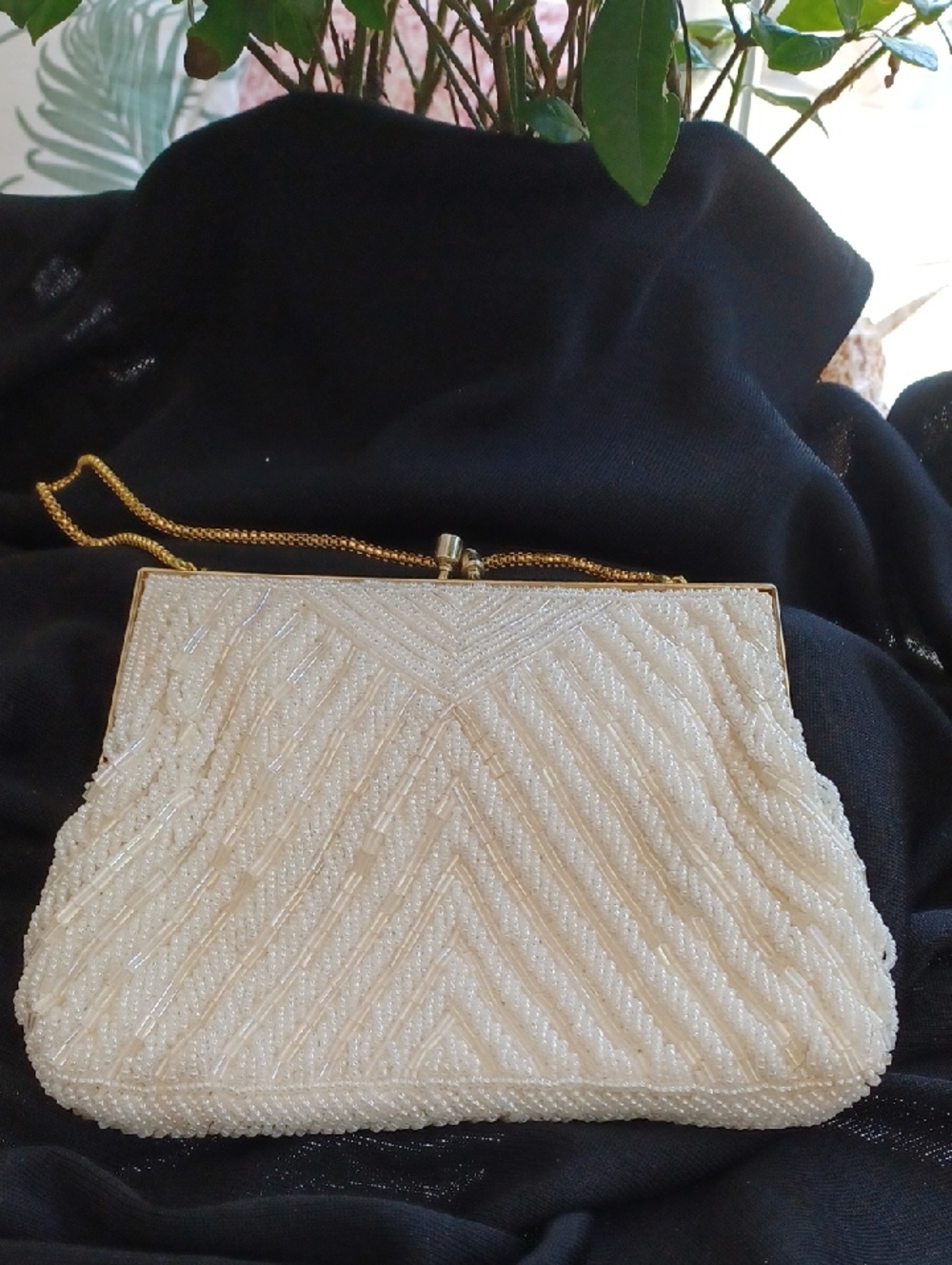 Vintage Walborg Hong Kong, Beaded Pearl Evening Clutch w/ Gold Chain, Circa 60's